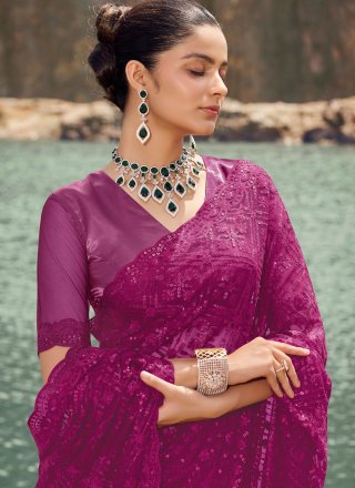 Maroon and Rani Net Sequins and Thread Work Trendy Saree