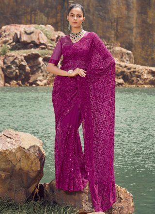 Maroon and Rani Net Sequins and Thread Work Trendy Saree