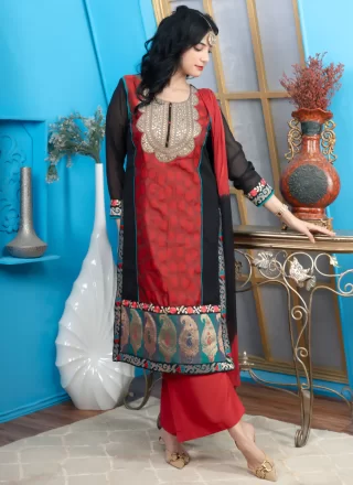 Maroon and Red Chanderi Silk Buttons, Embroidered and Zari Work Readymade Salwar Suit for Ceremonial