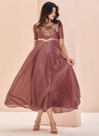 Maroon and Rust Organza Embroidered Work Casual Kurti