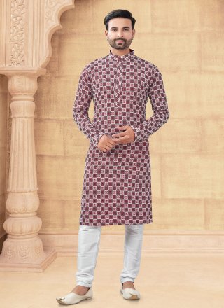 Maroon and White Rayon Embroidered and Thread Work Kurta Pyjama for Ceremonial