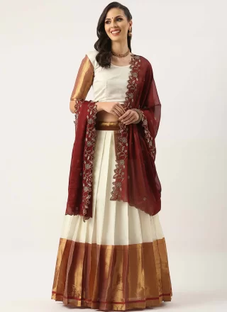 Maroon and White Silk Lehenga Choli In Plain for Ceremonial