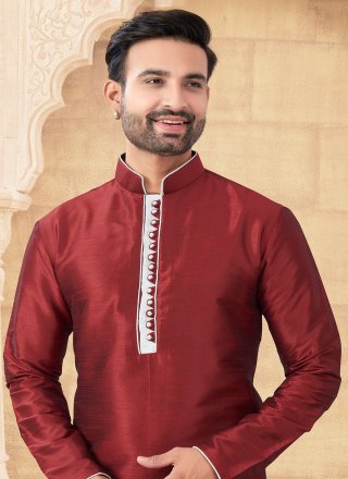 Maroon Art Silk Kurta Pyjama with Thread Work for Men