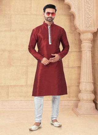 Maroon Art Silk Kurta Pyjama with Thread Work for Men