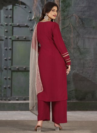 Maroon Art Silk Readymade Salwar Suit with Lace Work