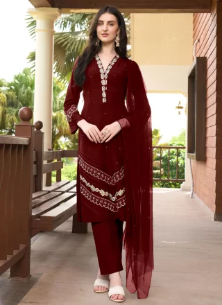Maroon Art Silk Salwar Suit with Embroidered and Moti Work for Women