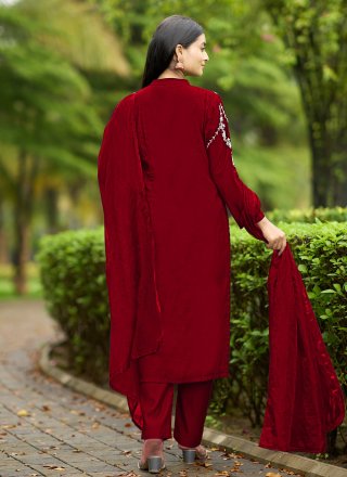 Maroon Art Silk Salwar Suit with Embroidered Work