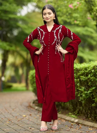 Maroon Art Silk Salwar Suit with Embroidered Work