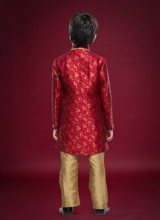 Maroon Banarasi Jacquard Fancy Work Sherwani Kids Wear for Ceremonial