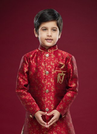 Maroon Banarasi Jacquard Fancy Work Sherwani Kids Wear for Ceremonial