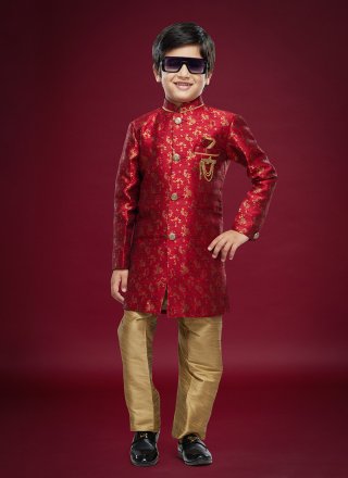 Maroon Banarasi Jacquard Fancy Work Sherwani Kids Wear for Ceremonial