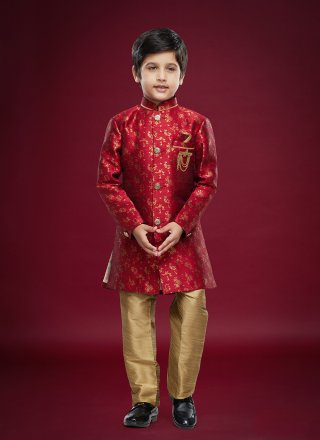 Maroon Banarasi Jacquard Fancy Work Sherwani Kids Wear for Ceremonial