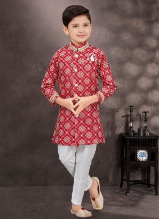 Maroon Banarasi Silk Buttons, Machine Embroidery and Thread Work Sherwani Kids Wear for Festival