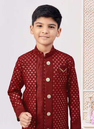 Maroon Banarasi Silk Machine Embroidery, Stone and Thread Work Indo Western Sherwani