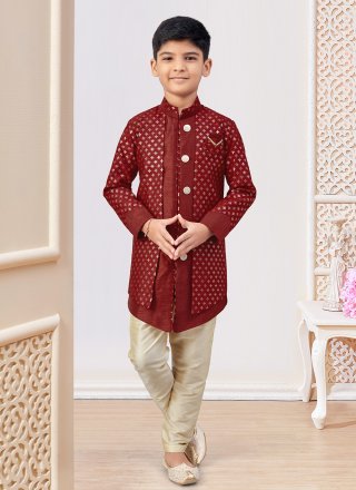 Maroon Banarasi Silk Machine Embroidery, Stone and Thread Work Indo Western Sherwani