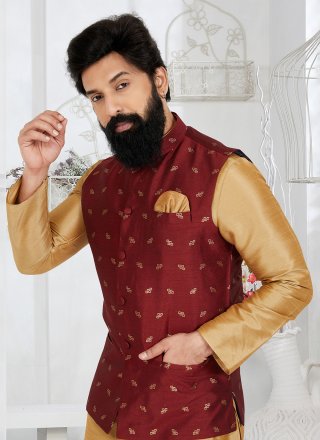 Maroon Banarasi Silk Nehru Jackets with Print Work for Ceremonial