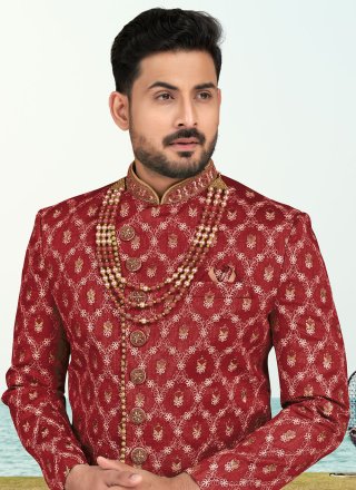 Maroon Banarasi Silk Sherwani Mens Wear with Hand, Machine Embroidery and Thread Work