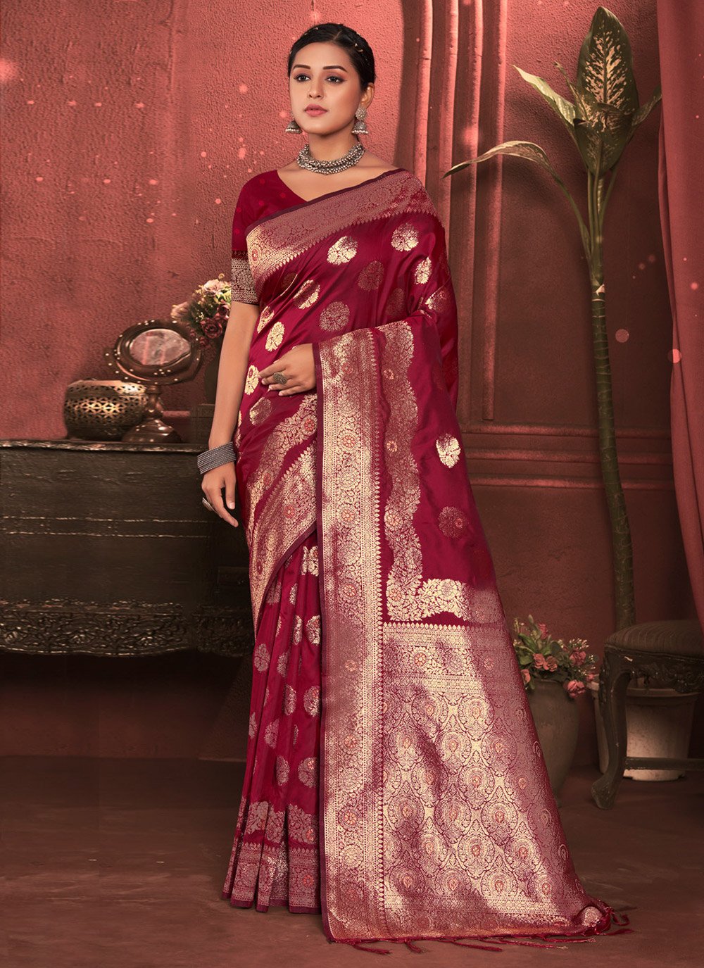 Banarasi Silk Works Maroon Silk Woven Saree With Unstitched Blouse