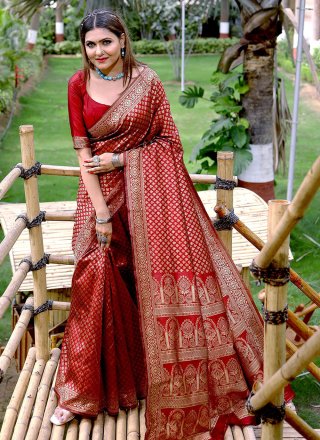 Maroon Banarasi Silk Woven Work Trendy Saree
