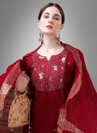 Maroon Blended Cotton Embroidered and Lace Work Pant Style Suit for Women