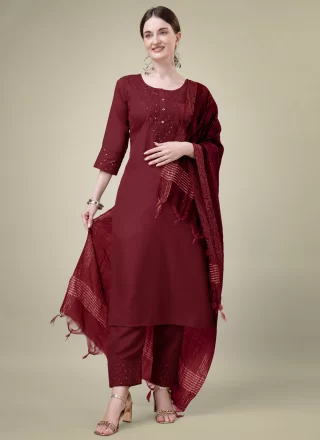 Maroon Blended Cotton Trendy Suit with Embroidered and Sequins Work
