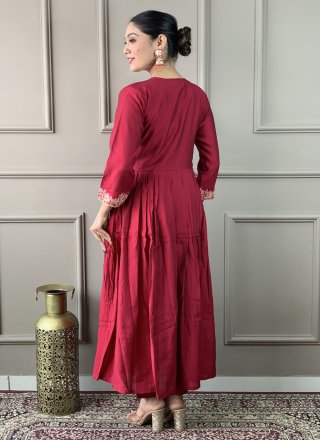 Maroon Chanderi Embroidered Work Pant Style Suit for Casual