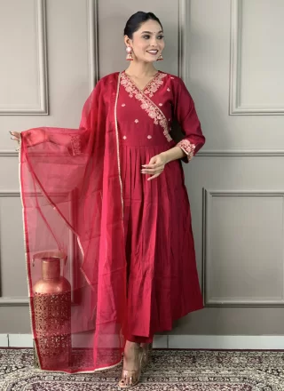 Maroon Chanderi Embroidered Work Pant Style Suit for Casual