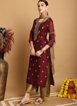 Maroon Chanderi Readymade Salwar Suit with Embroidered Work