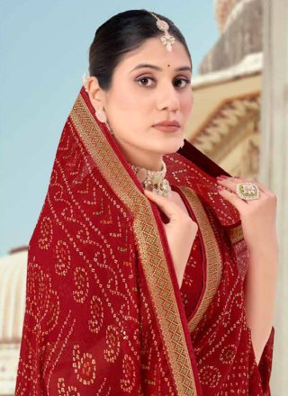 Maroon Chiffon Print Work Classic Sari for Women