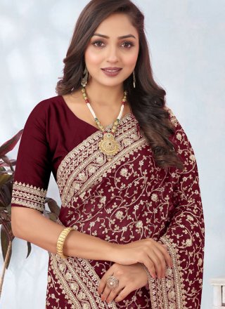 Maroon Cord, Diamond and Embroidered Work Georgette Contemporary Sari