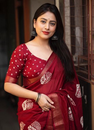 Maroon Cotton Contemporary Saree with Print Work