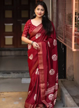 Maroon Cotton Contemporary Saree with Print Work