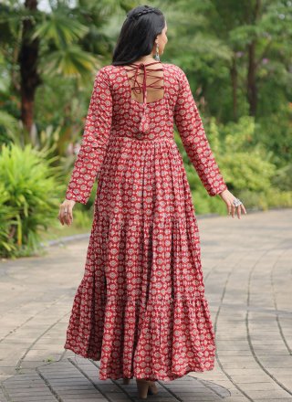 Maroon Cotton  Designer Gown with Mirror and Print Work