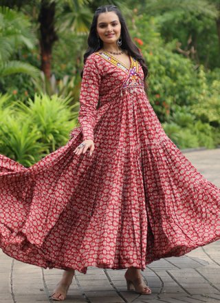 Maroon Cotton  Designer Gown with Mirror and Print Work