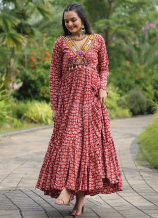 Maroon Cotton  Designer Gown with Mirror and Print Work