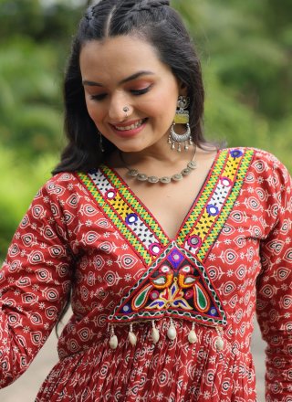Maroon Cotton  Designer Gown with Mirror and Print Work