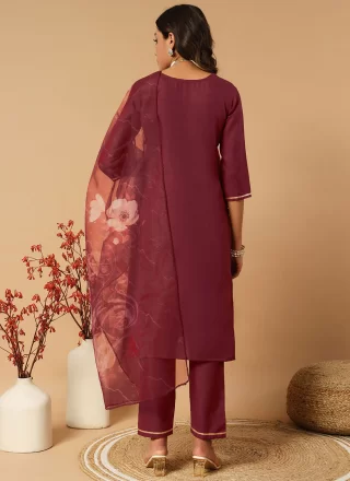 Maroon Cotton Embroidered Work Readymade Salwar Suit