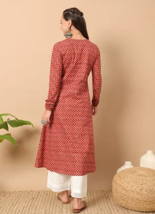 Maroon Cotton Floor Length Kurti with Print Work for Women