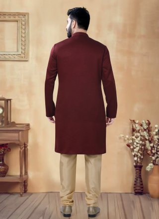 Maroon Cotton Kurta Pyjama In Plain