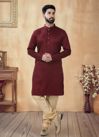 Maroon Cotton Kurta Pyjama In Plain