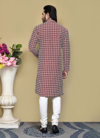Maroon Cotton Kurta Pyjama with Buttons, Embroidered, Fancy and Resham Work for Festival