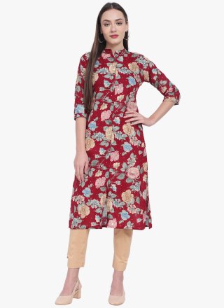 Maroon Cotton Party Wear Kurti with Floral Patch Work for Women