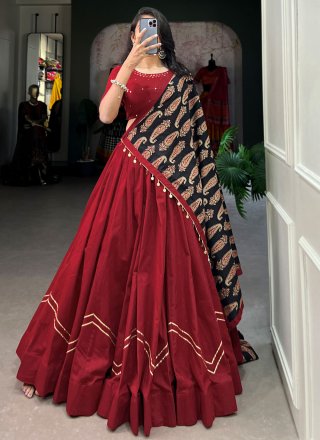Maroon Cotton Plain Work Lehenga Choli