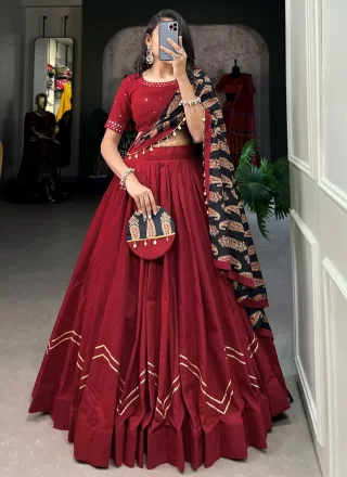 Maroon Cotton Plain Work Lehenga Choli