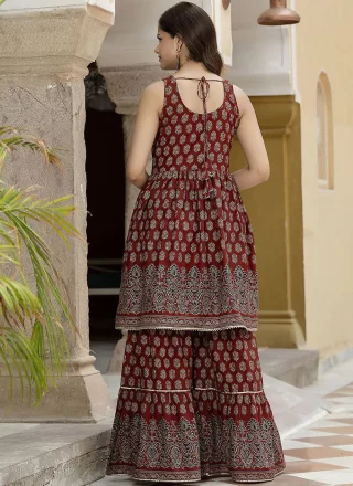Maroon Cotton Print Work Salwar Suit for Women