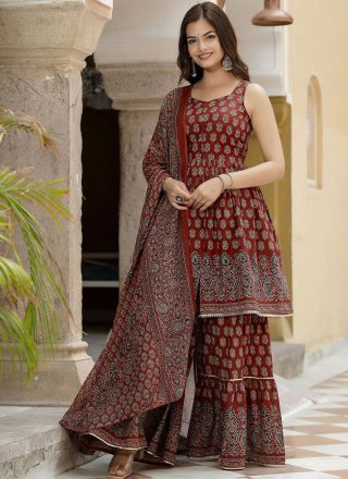 Maroon Cotton Print Work Salwar Suit for Women