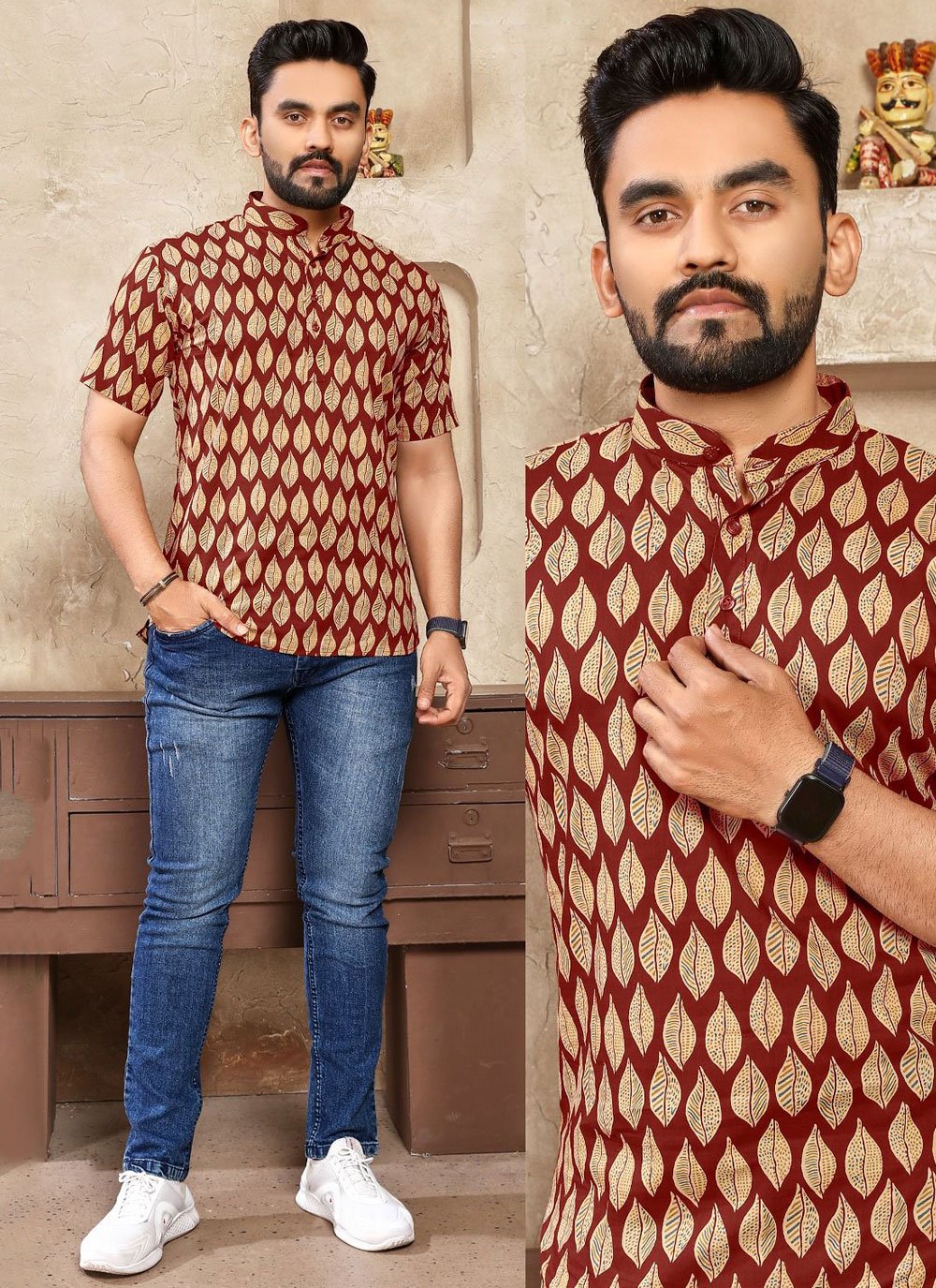 Buy Maroon Cotton Print Work Short Kurta for Ceremonial Online