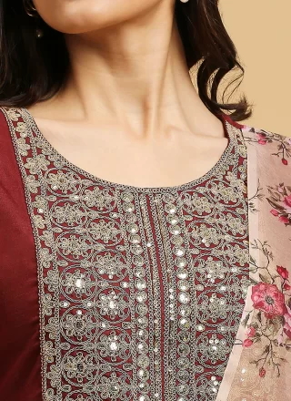 Maroon Cotton Readymade Salwar Suit with Embroidered Work for Casual