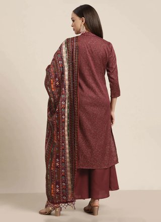 Maroon Cotton Salwar Suit with Embroidered and Floral Patch Work for Ceremonial