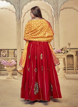 Maroon Cotton Silk A - Line Lehenga Choli with Embroidered, Mirror and Thread Work